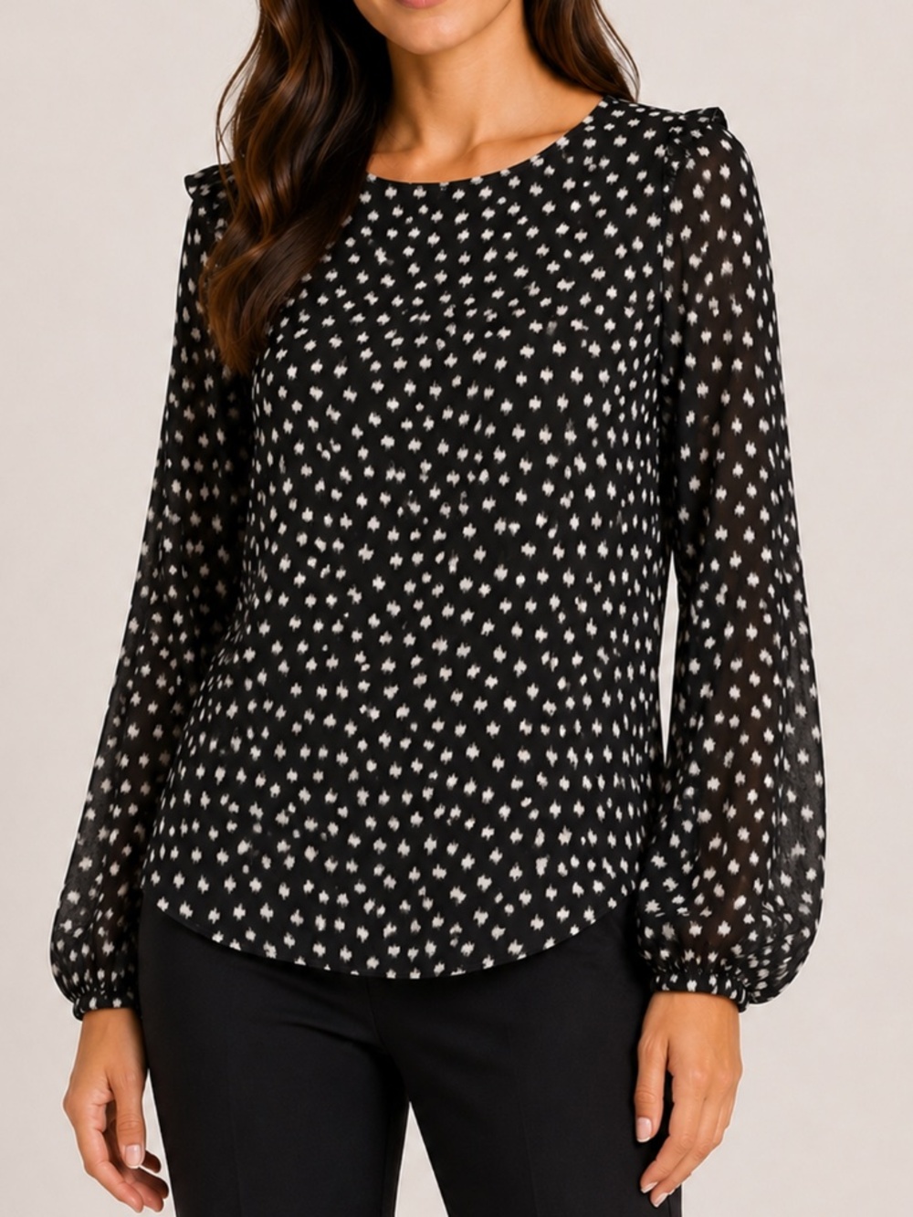 Max Studio Black & White Polka Dot Long Sleeve Blouse - Large